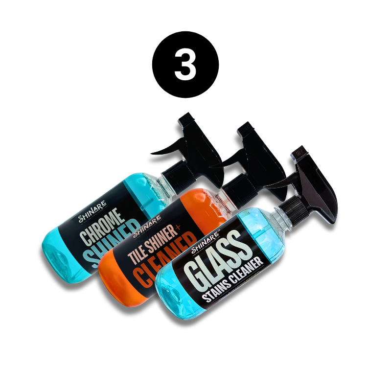 Shinare Pro Shine Bundle | Tile Cleaner, Chrome Shiner & Glass Cleaner | 500ml Each With Kit