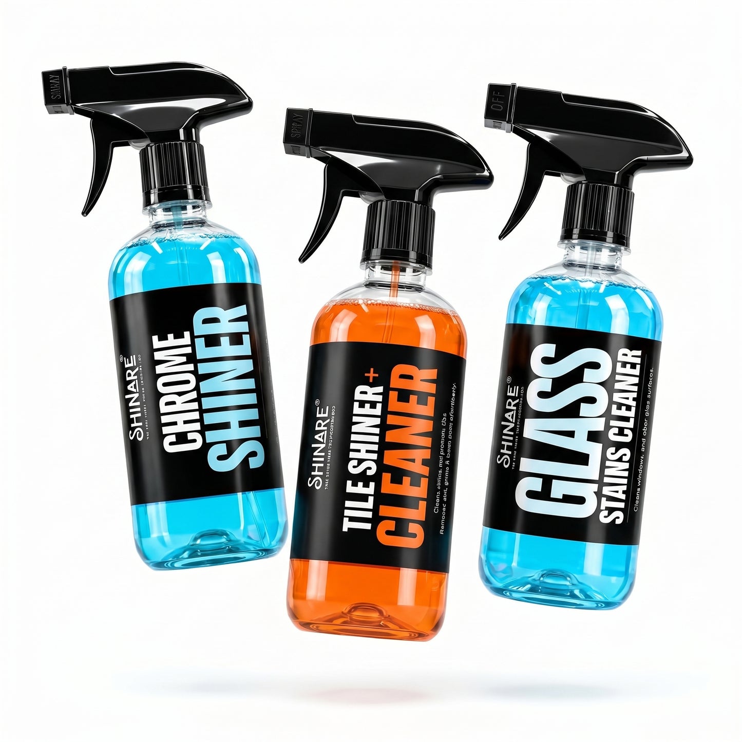 Shinare Pro Shine Bundle | Tile Cleaner, Chrome Shiner & Glass Cleaner | 500ml Each With Kit